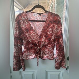 Tie-Front Paisley Long-Sleeve Blouse in Red